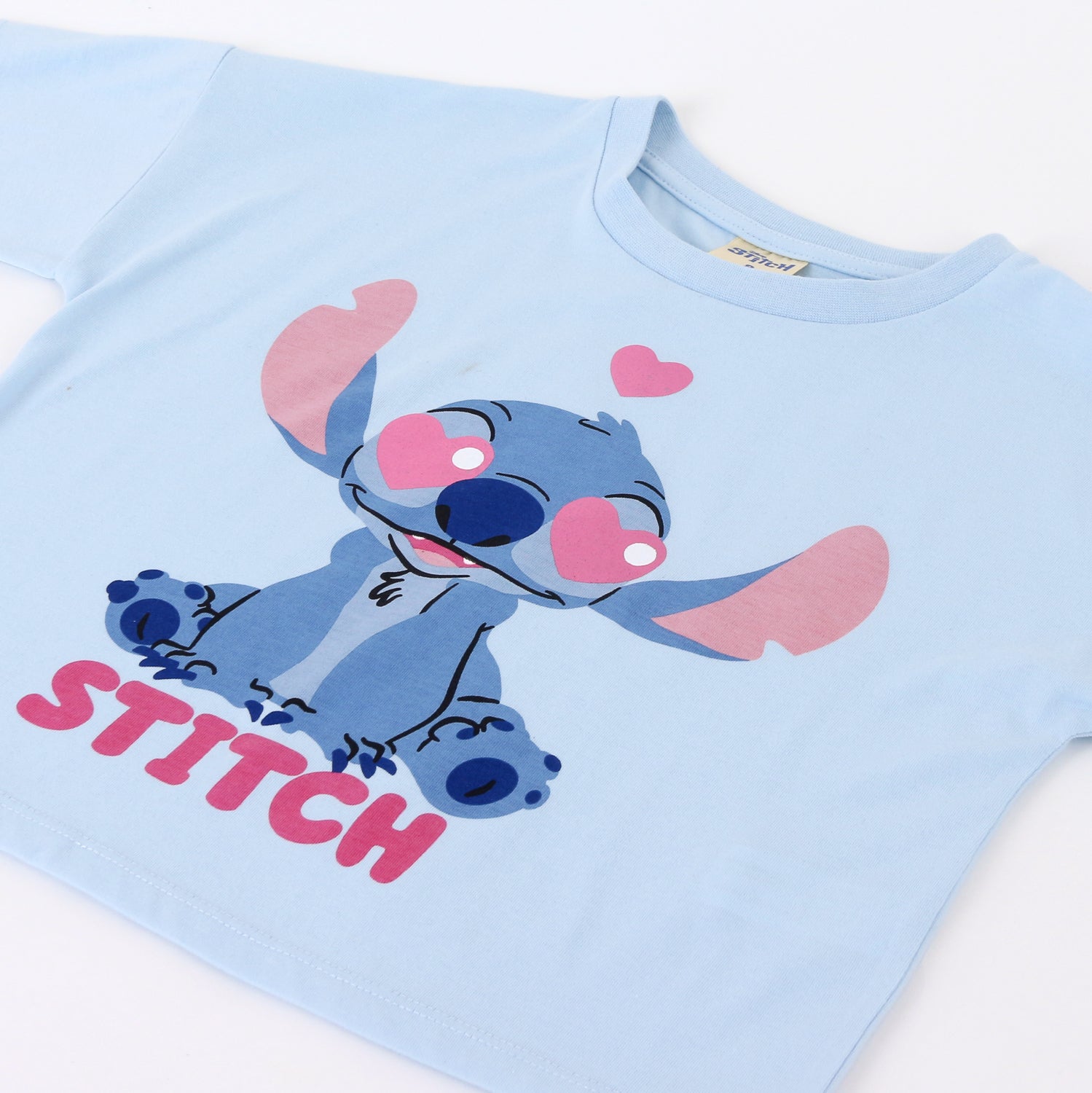Polera Manga Corta Niña Stitch Disney Corazones Celeste