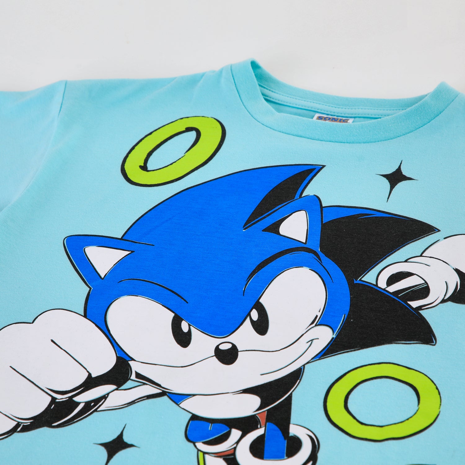 Polera Manga Corta Niño Sonic Anillos Celeste