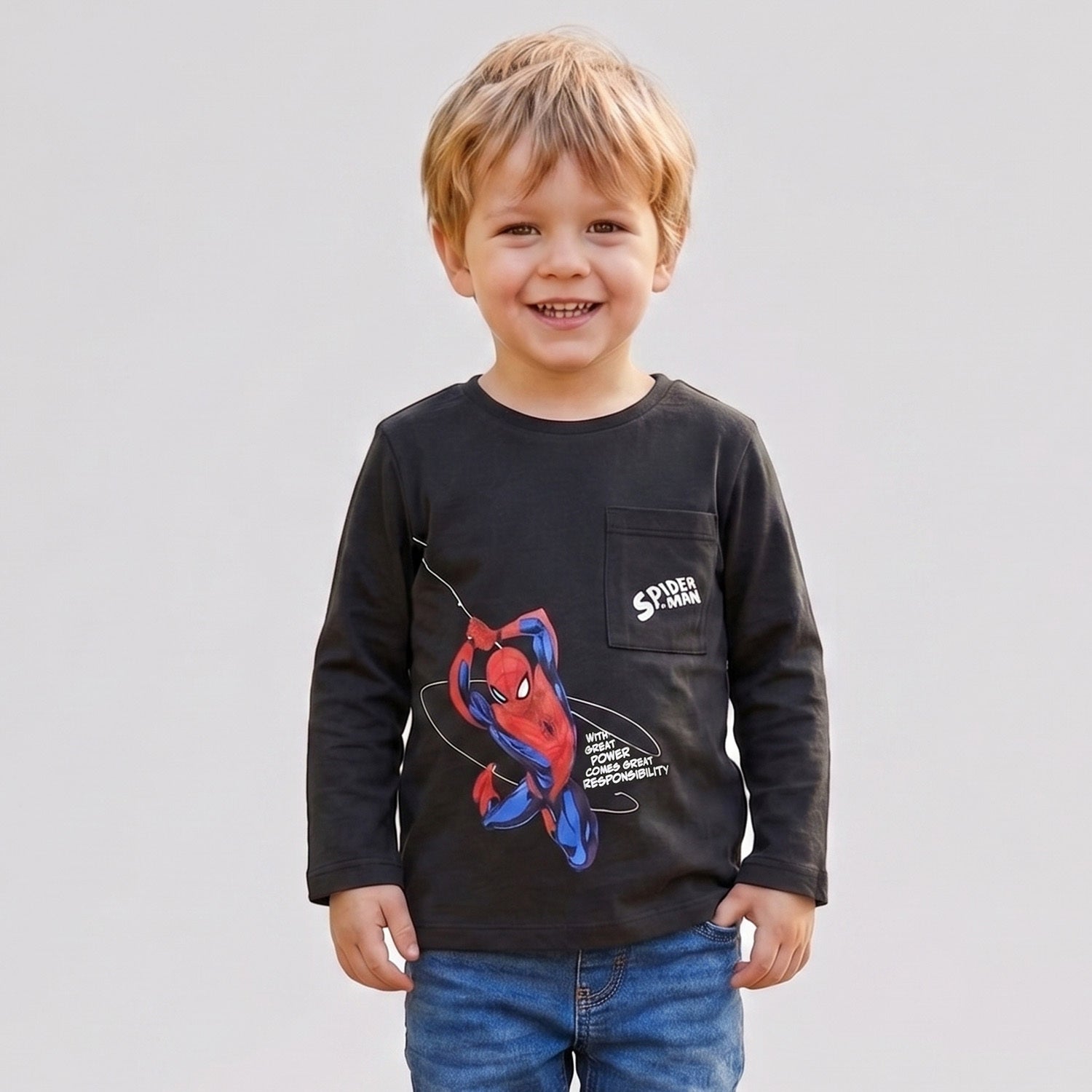 Polera Manga Larga Niño Bolsillo Spiderman Negro Marvel - Poleras Chile | The Brands Club cl