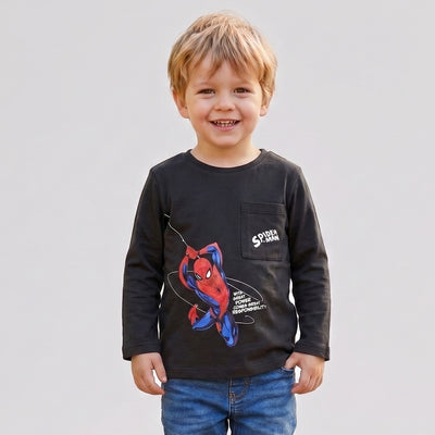 Polera Manga Larga Niño Spiderman Marvel Bolsillo Negro