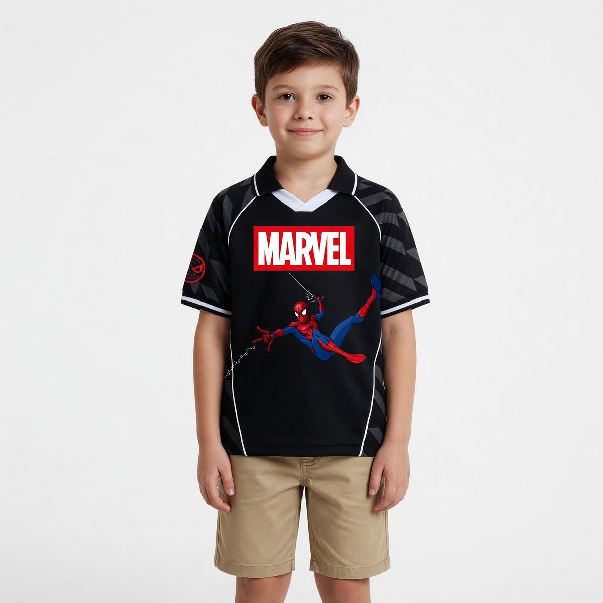 Polera Manga Corta Niño Spiderman Marvel Futbol Negro