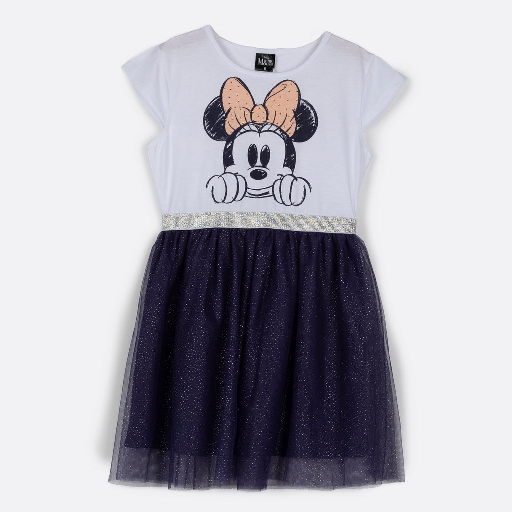 Vestido Niña Cara Minnie Brillos Blanco Disney