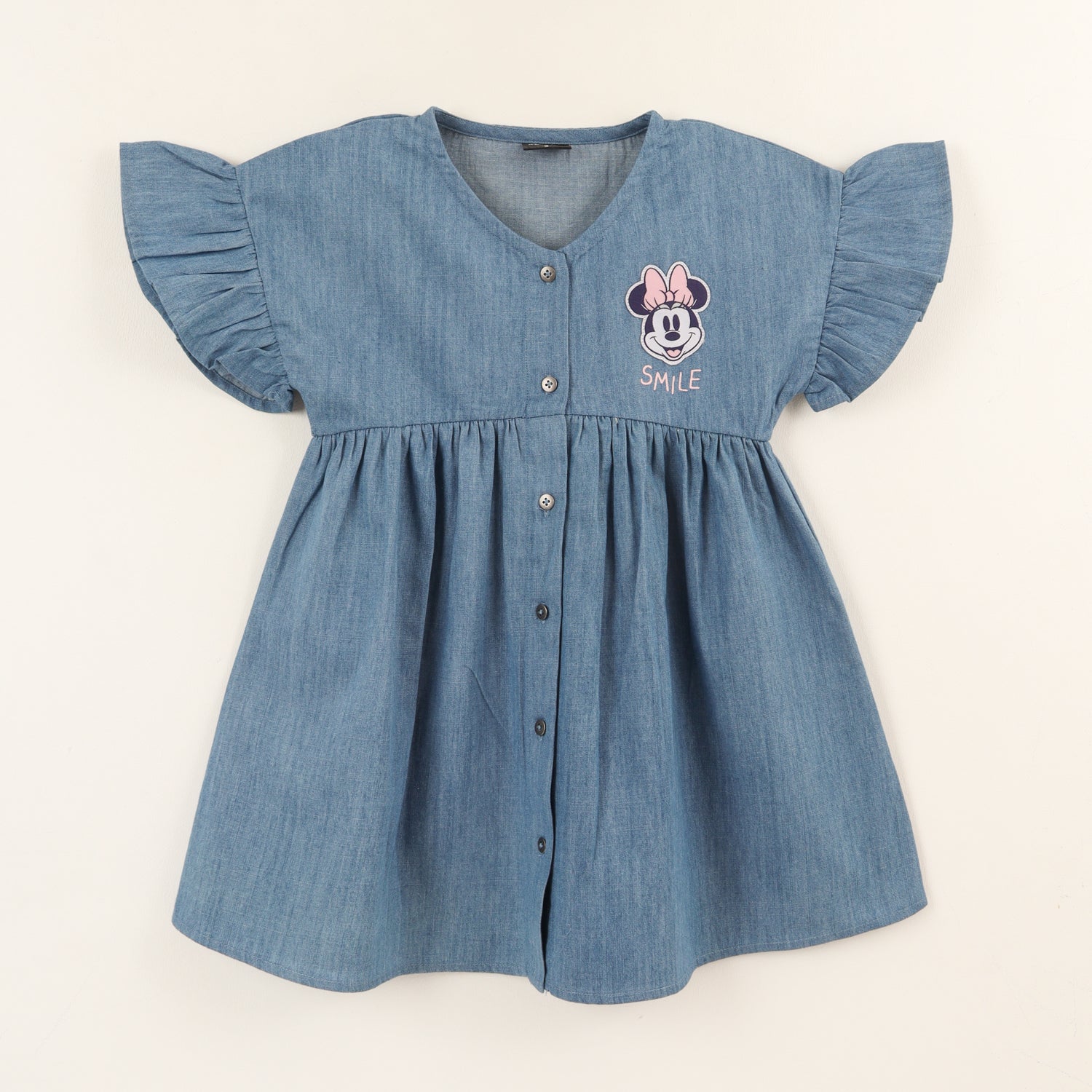 Vestido Manga Vuelos Niña Denim Azul Botones Minnie Disney
