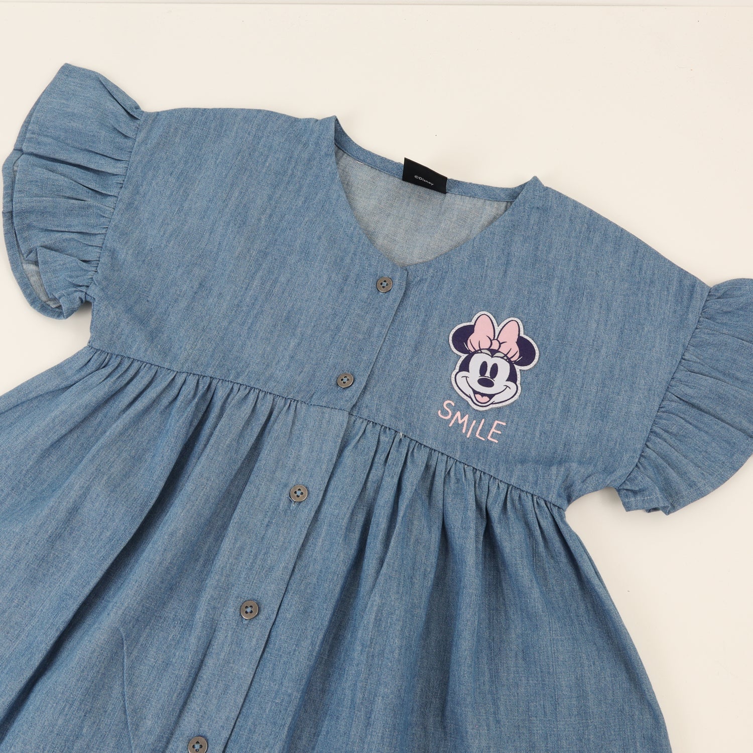 Vestido Manga Vuelos Niña Denim Azul Botones Minnie Disney
