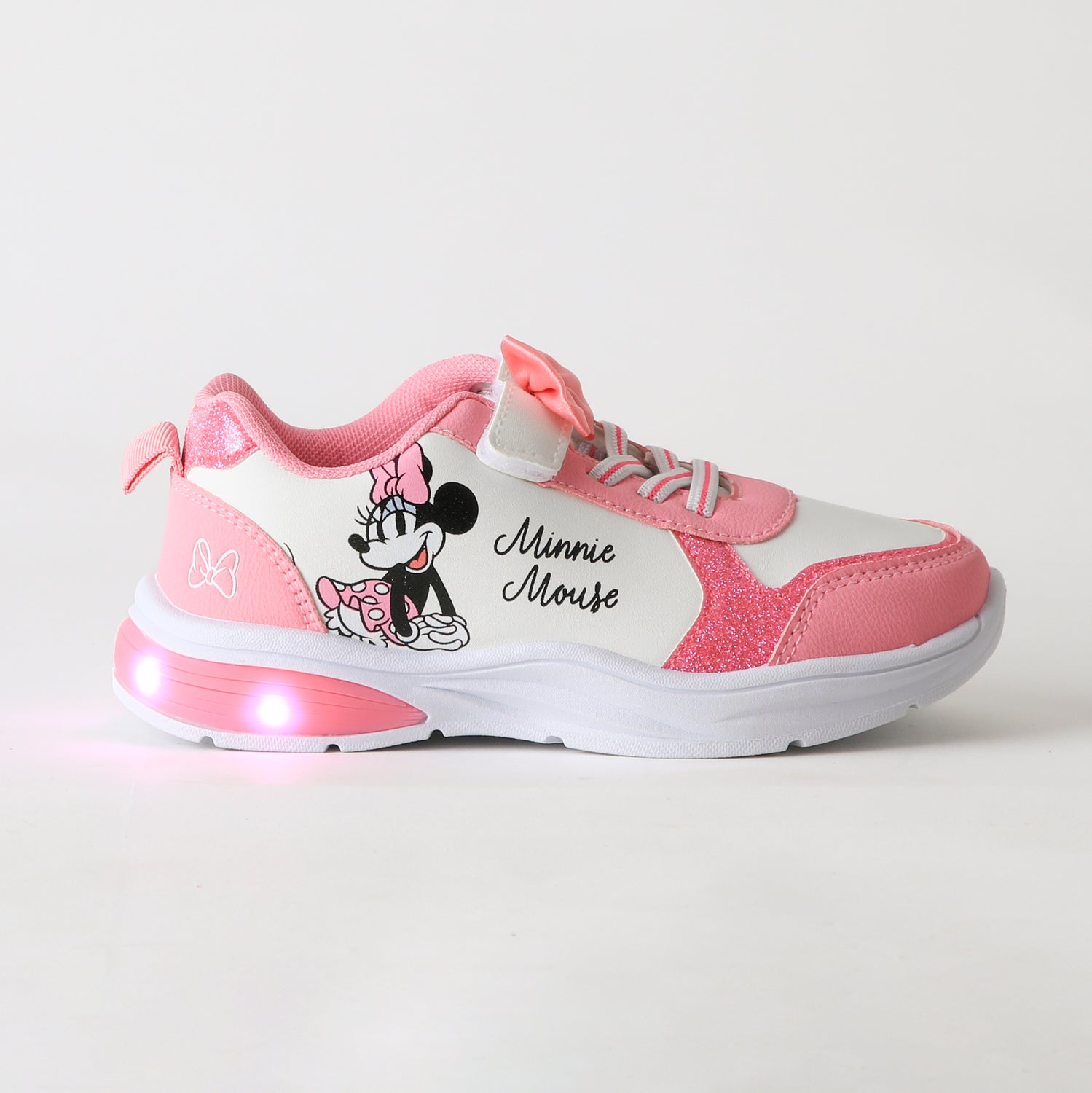 Zapatilla Luces Niña Velcro Moño Minnie Rosado Disney