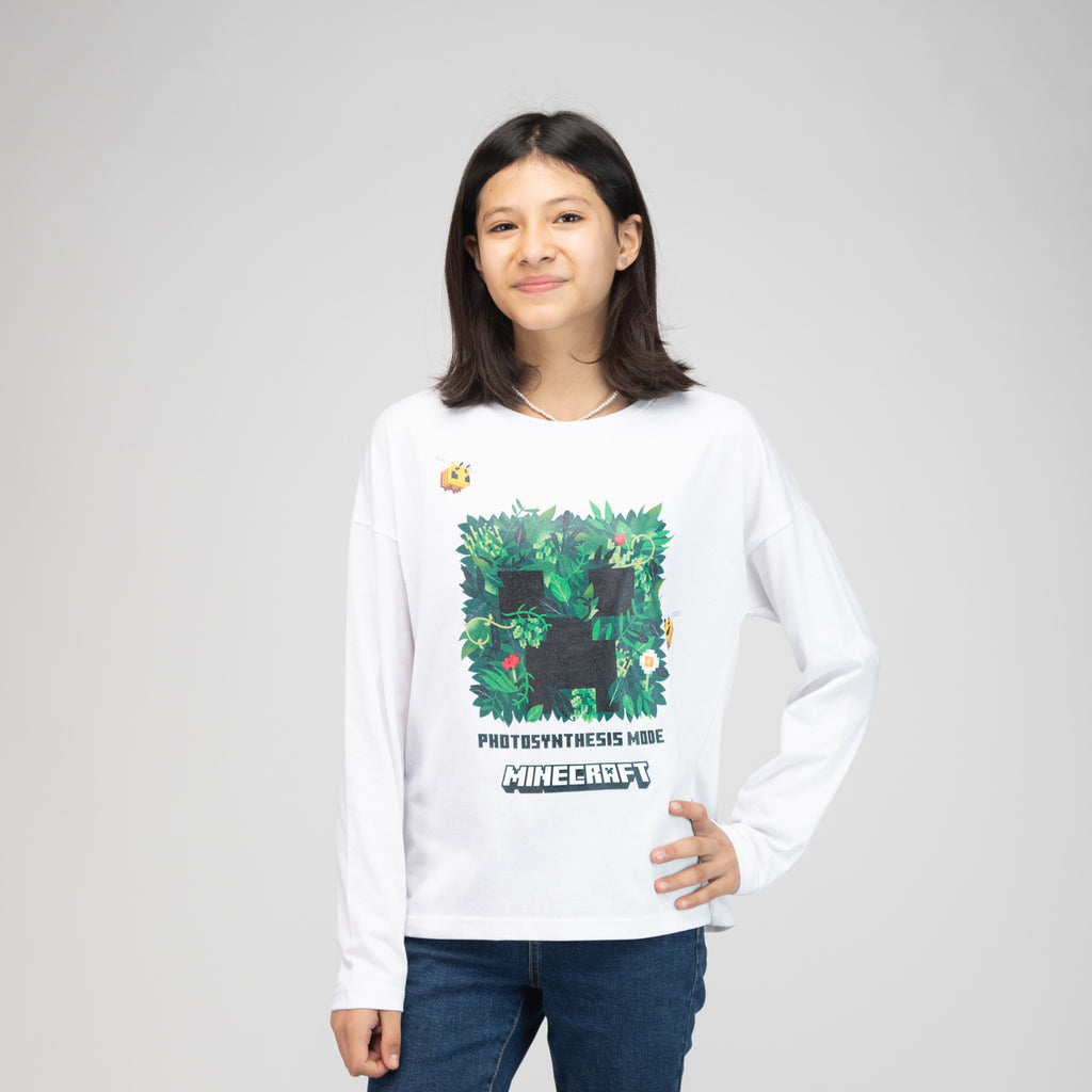 Polera Manga Larga Niña Minecraft Abejas Blanco Minecraft