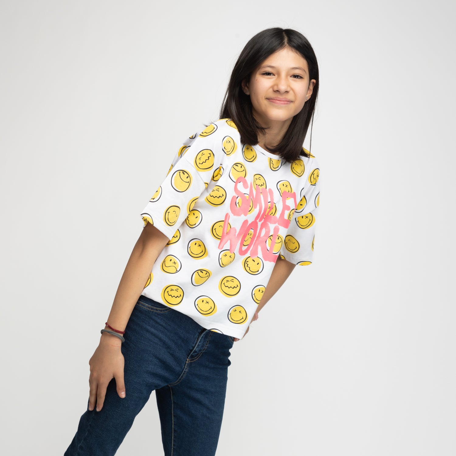 Polera Niña Full Print Blanco SmileyWorld ®