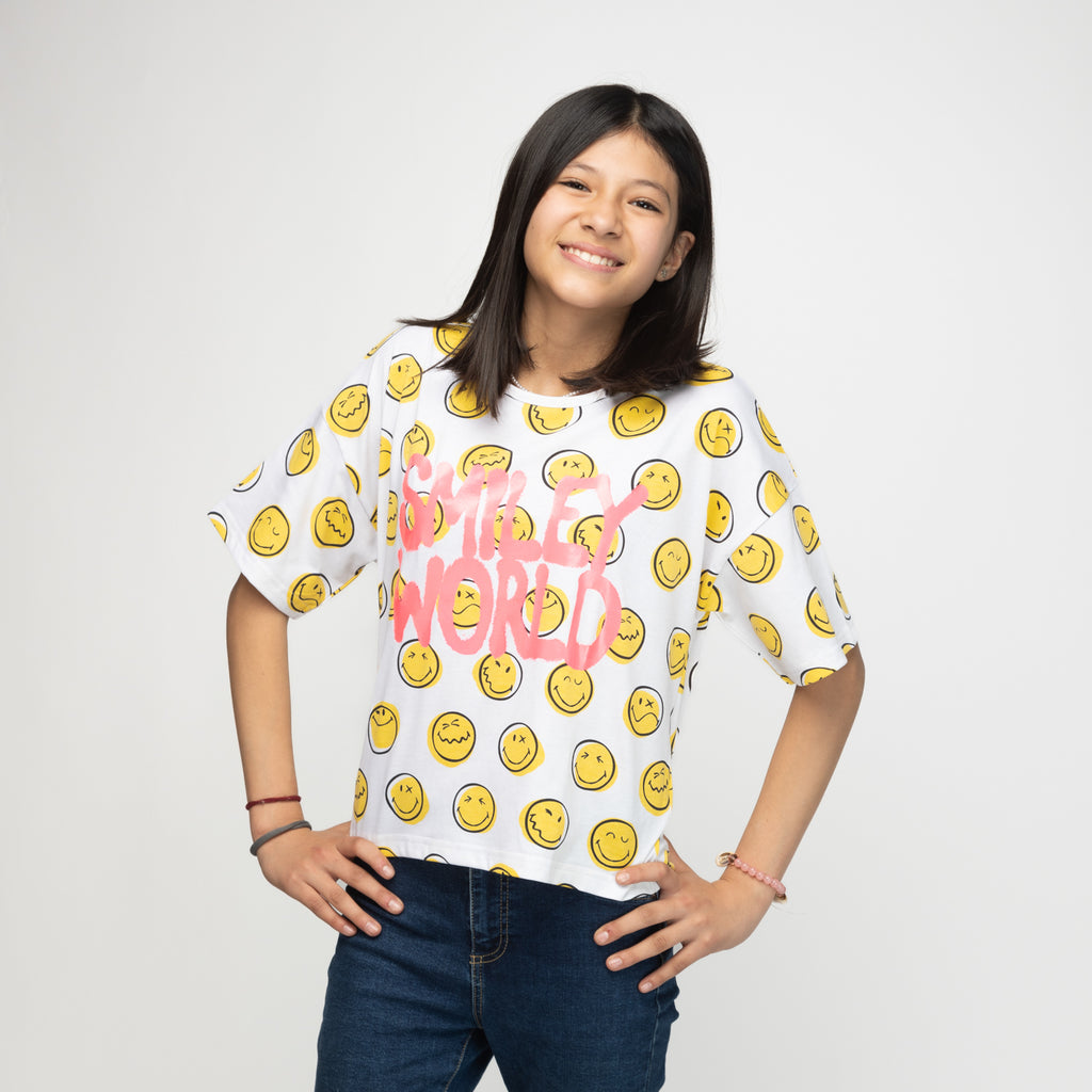 Polera Niña Full Print Blanco SmileyWorld ®